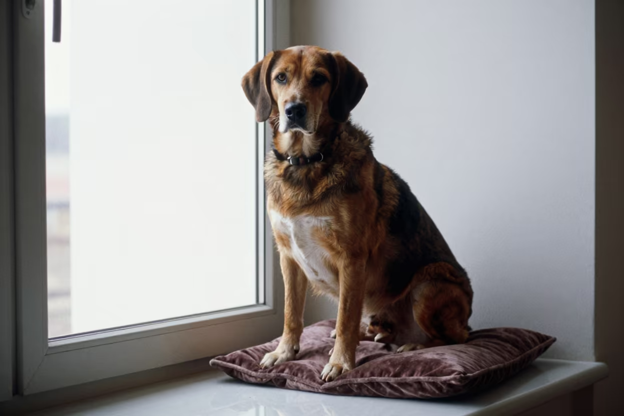 Transylvanian Hound Portrait on Window Seat in Santos in on a cushioned window seat with soft side light and an uncluttered background in Santos