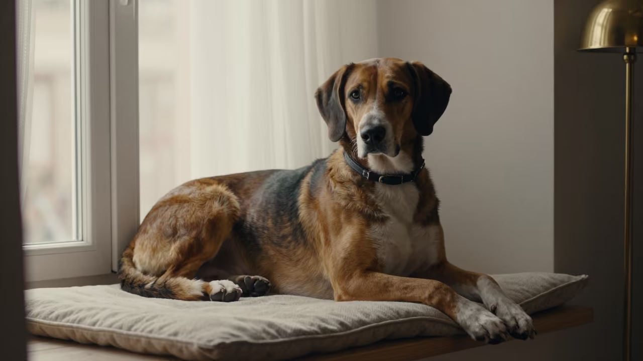 Transylvanian Hound Portrait on Window Seat in on a cushioned window seat with soft side light and an uncluttered background in Daule