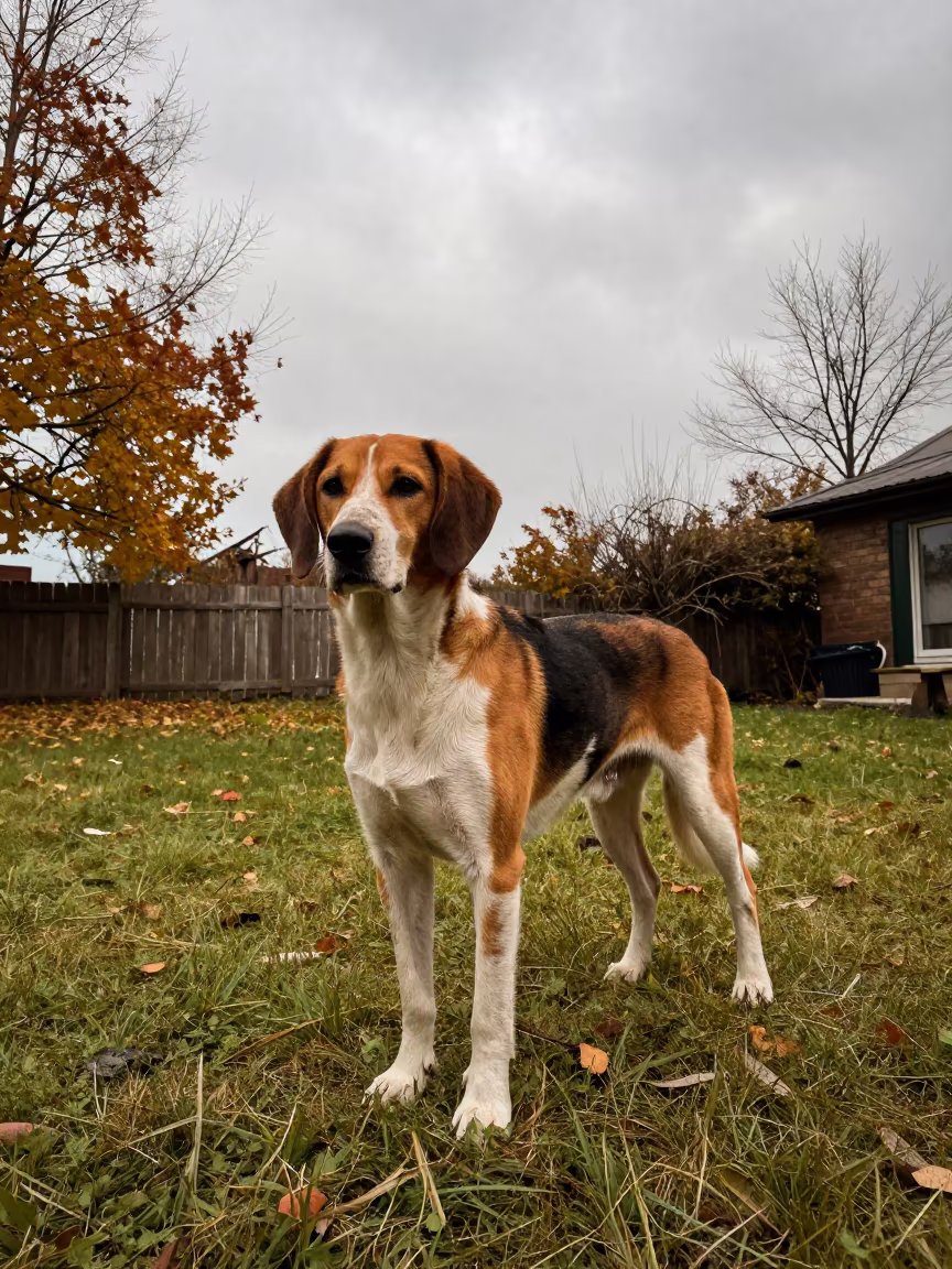 Transylvanian Hound Portrait Patna Yard in in a small yard with clipped grass, calm light, and the animal centered in frame in Patna