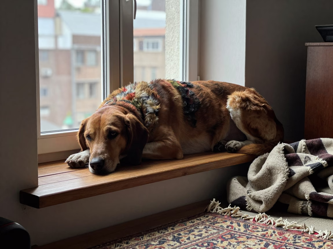 Transylvanian Hound Resting on Benin Window Seat in on a window seat in a quiet apartment with soft side light in Benin City