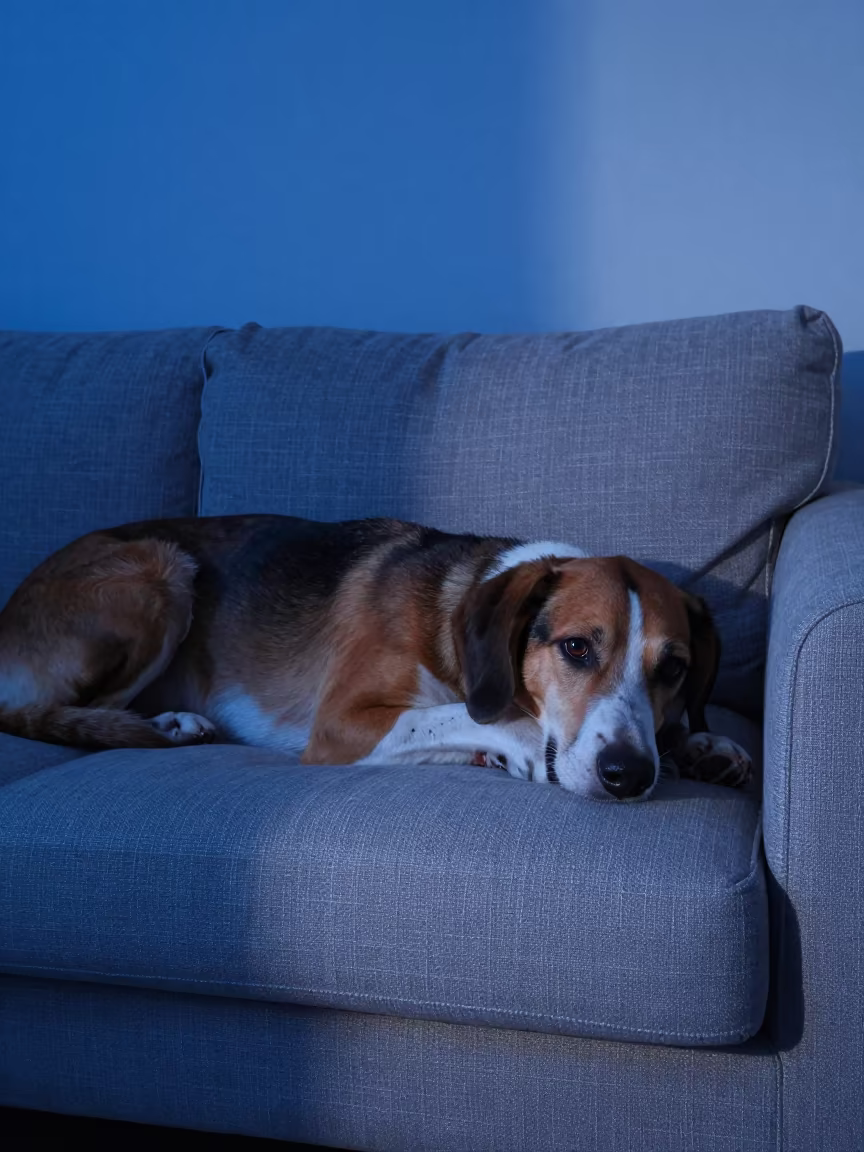 Transylvanian Hound Resting on Linen Sofa in on a linen sofa with daylight from a nearby window near Kasulu