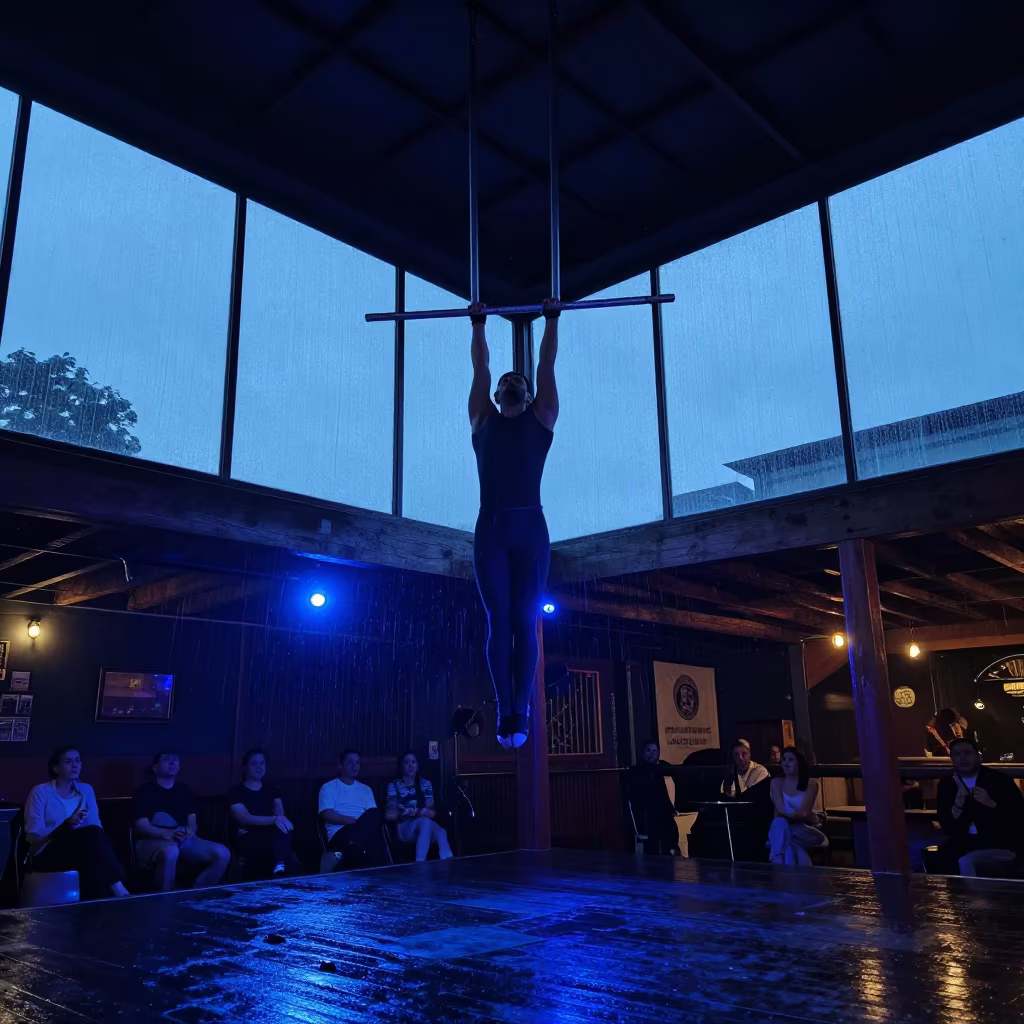 Trapeze Acrobat in Valledupar Jazz Club Twilight in at a jazz club in Valledupar