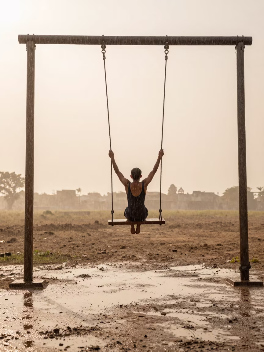 Trapeze Artist Releasing Apex Swing Late Afternoon Rain in near Bahawalpur