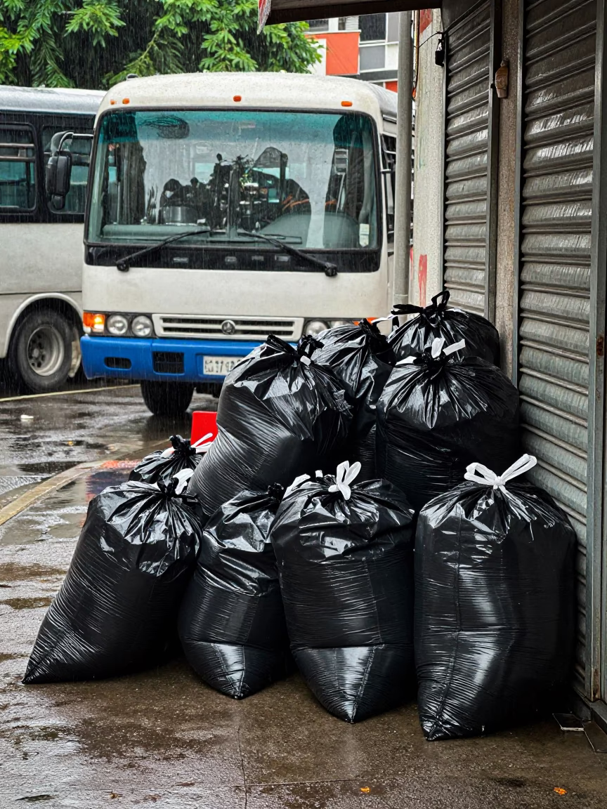 Trash Bags Pile Monsoon Alley Los Guayos in along a shuttered arcade in Los Guayos