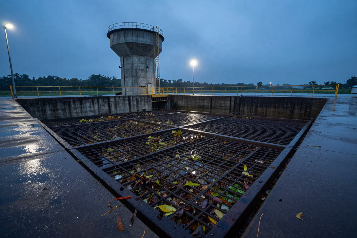 Trash Rack Leaves After Storm in CAR in beside a water tower ladder in Central African Republic