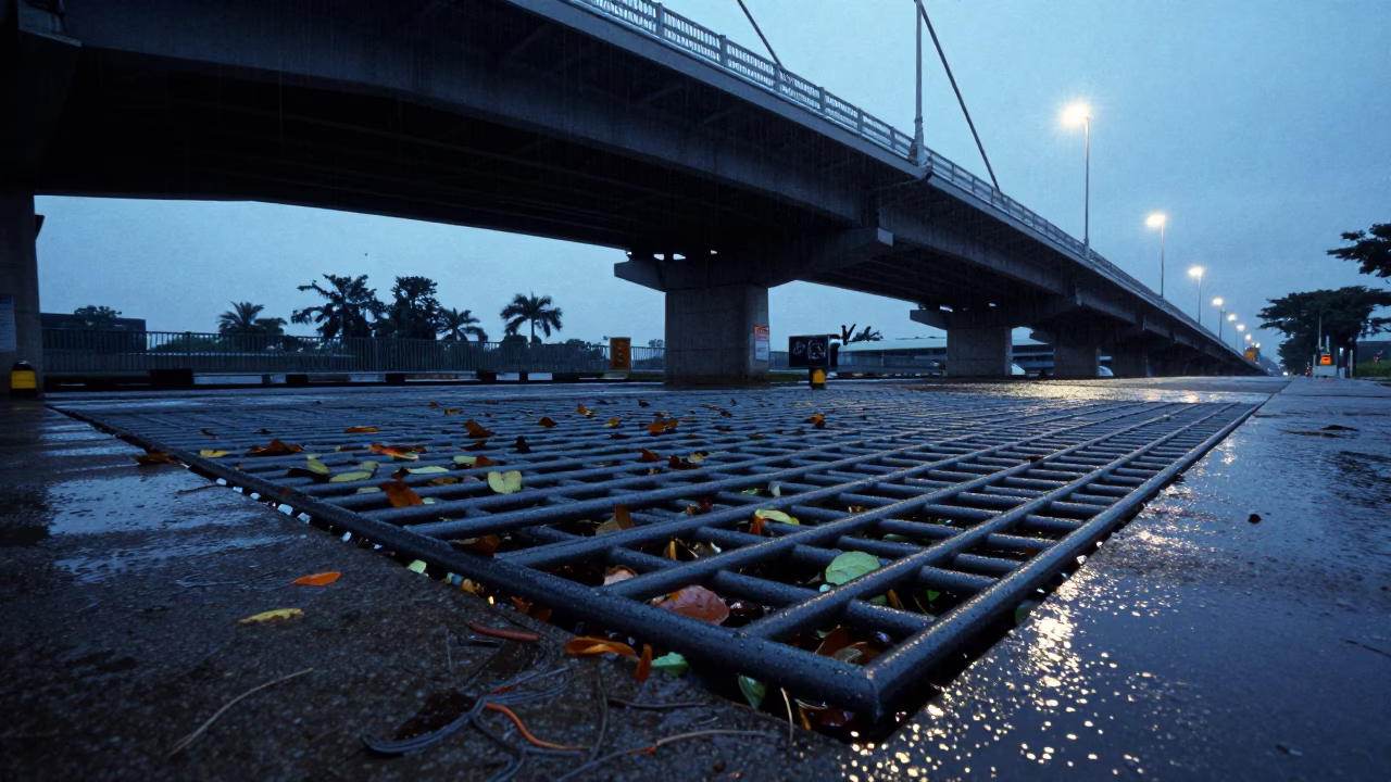 Trash Rack Under Bridge Before Dawn in under a cable-stayed bridge span in Tiong Bahru, Singapore