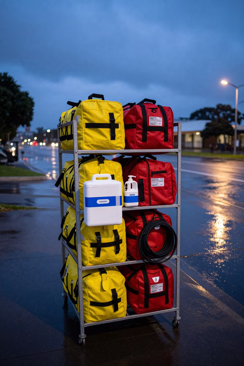 Trauma Gear Restocked After Rainy Shift Canberra in at a curbside ambulance stop in Canberra