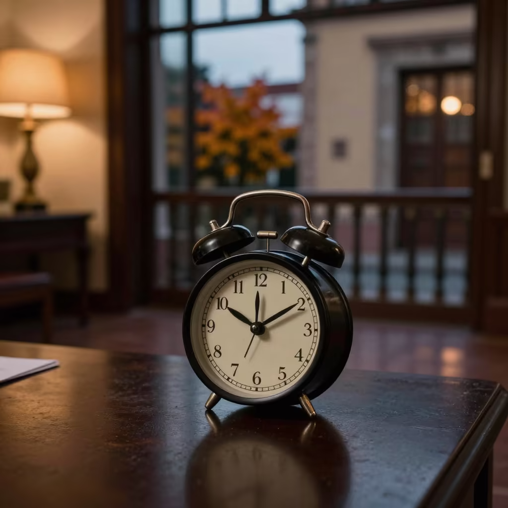 Travel Clock on Desk at Twilight in Autumn in on a pier railing in Santiago de Querétaro