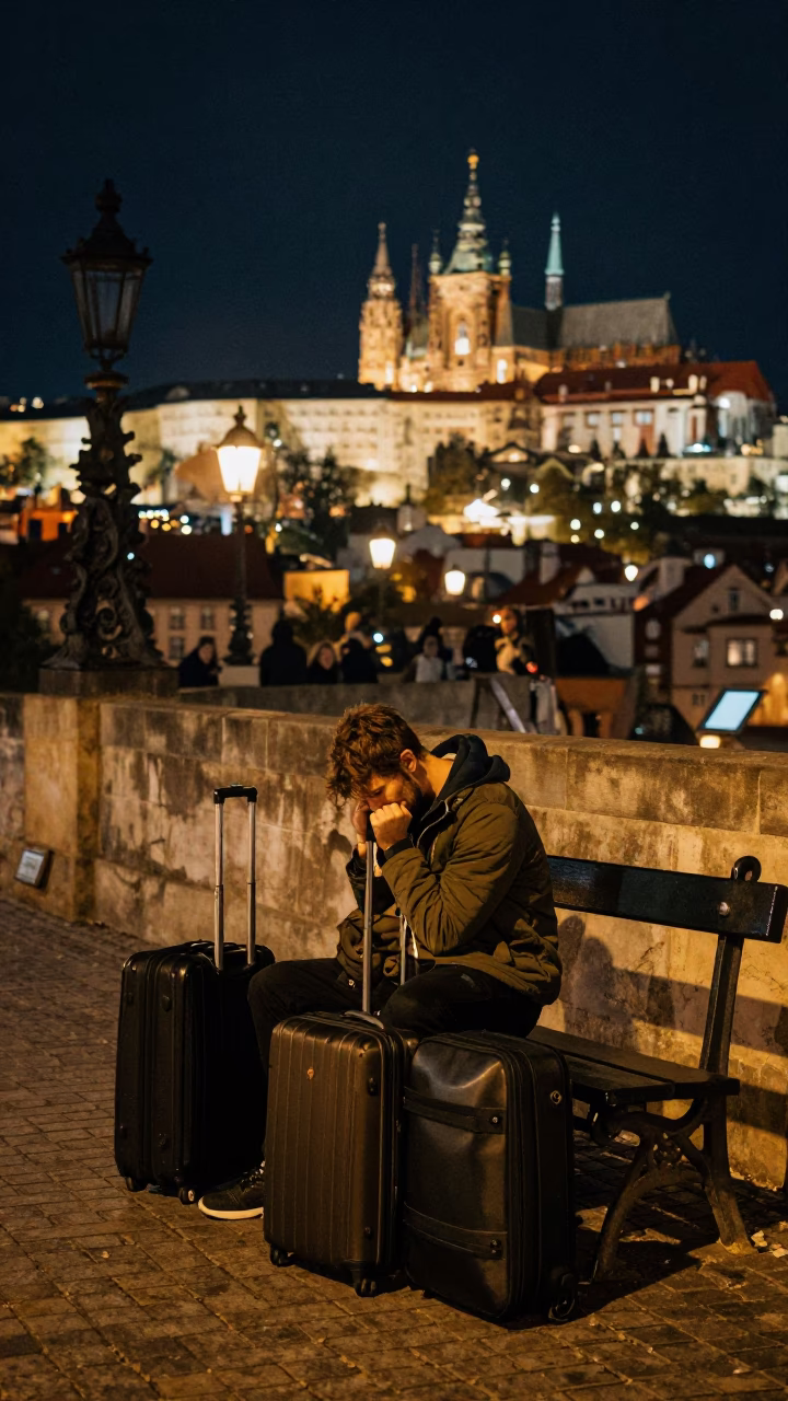 Traveler after dark in Prague in in Prague, Czech Republic