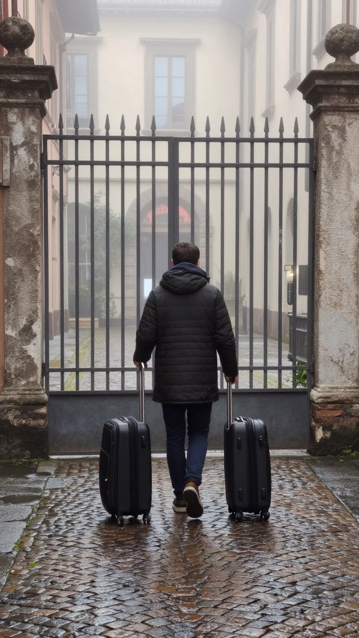 Traveler at Dawn Light in in Milan, Italy