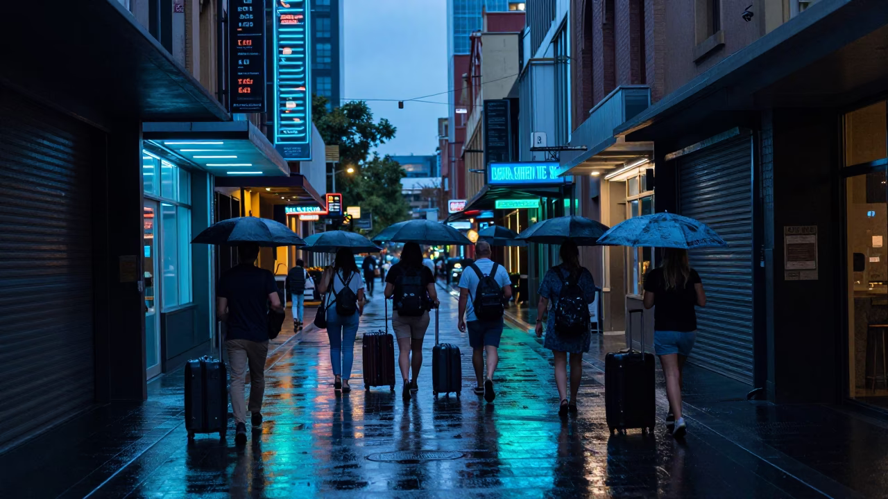 Travelers at Blue Hour in in Melbourne, Victoria, Australia