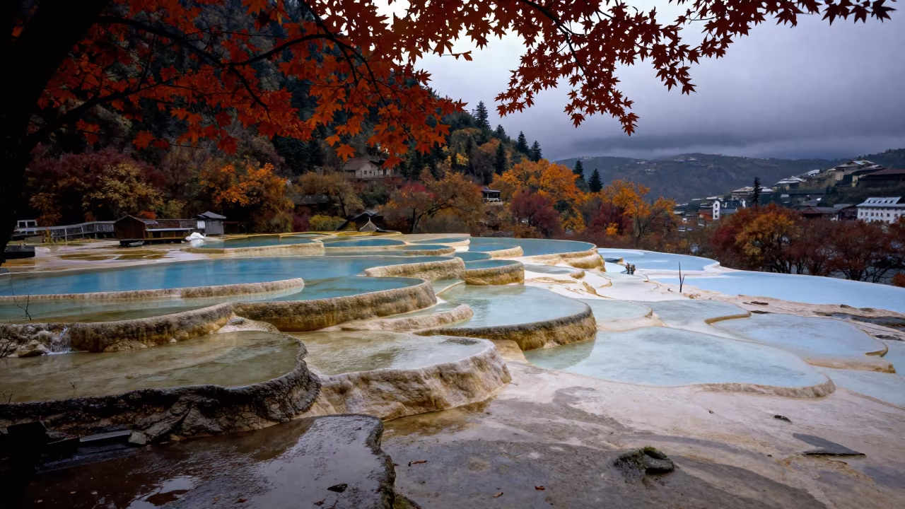 Travertine Terraces and Blue Pools in Autumn in across a floodplain after rain near Chongqing