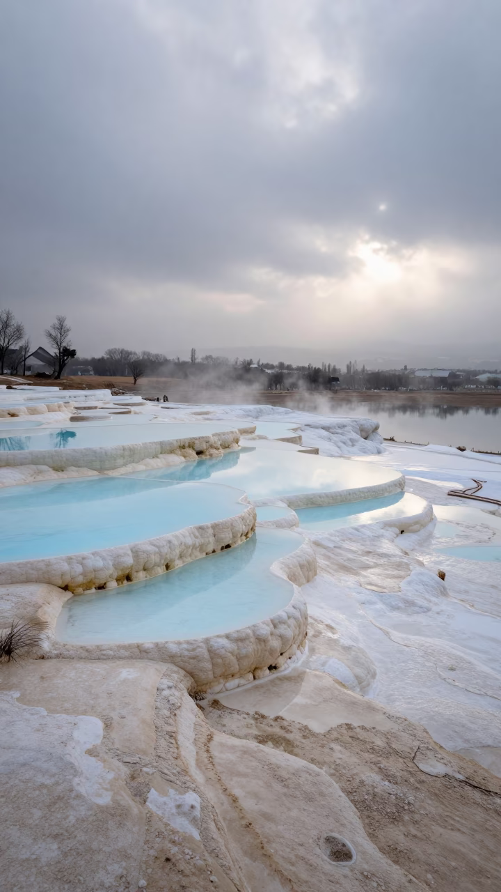Travertine Terraces Blue Pools Dawn Mist Shoreline in along a wave-cut shoreline near Tianjin