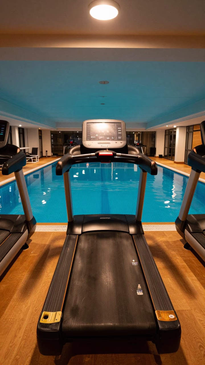 Treadmill Deck Night Pool Side in on an indoor lap-pool deck before open swim in Carrollton