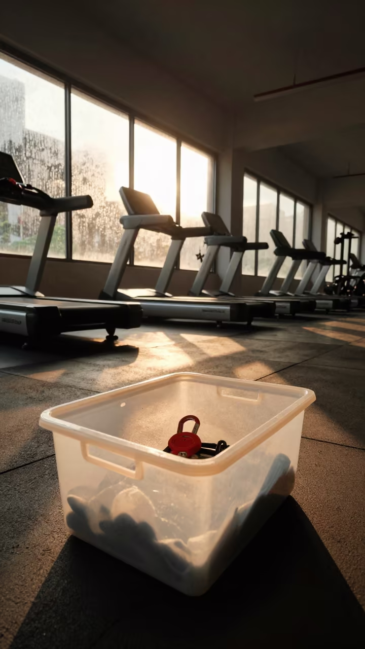 Treadmill Safety Key Bin in Monsoon Evening Light in inside a cardio floor facing tall windows near Yogyakarta
