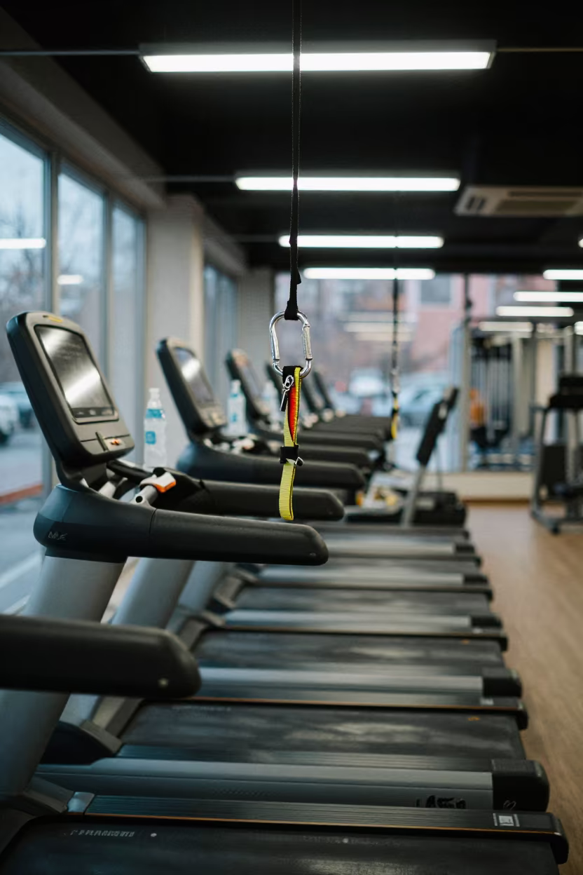 Treadmill Safety Key Rail in Predawn Gym Light in along a row of machines in a bright gym in Trabzon