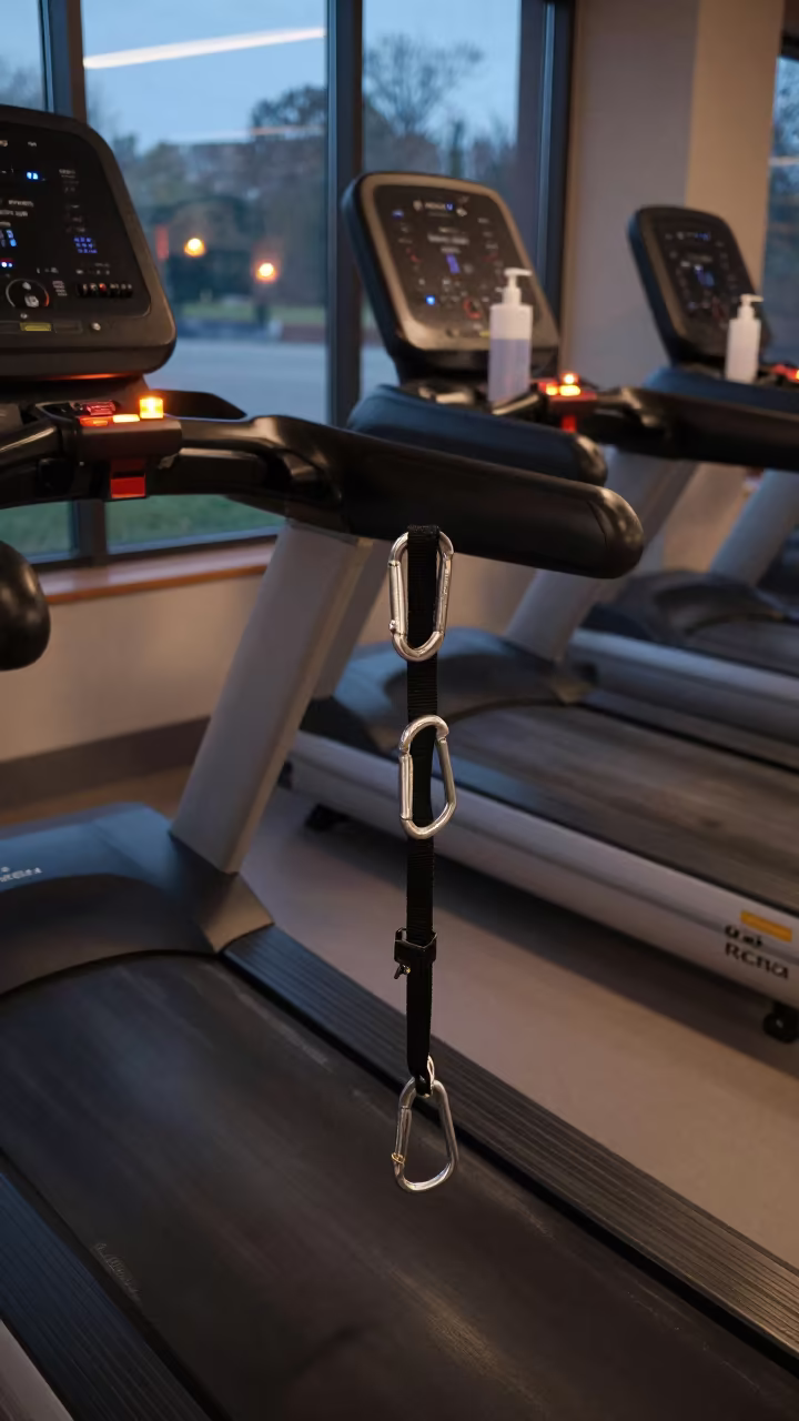 Treadmill Safety Rail at Twilight in Cabinda Gym in along a row of machines in a bright gym near Cabinda