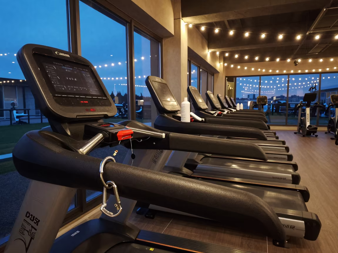 Treadmill Safety Rail Under String Lights in inside a spin studio under class lights near Cologne