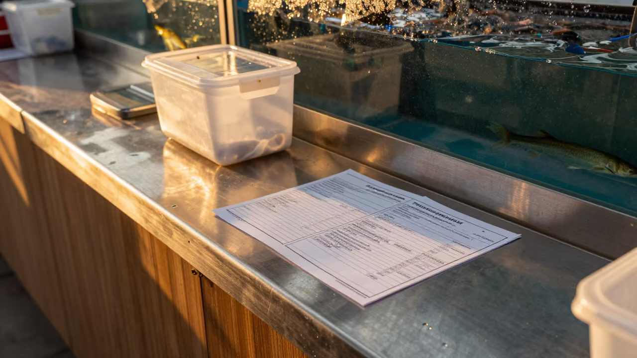 Treats and Forms on Wet Counter Khujand in inside a fish bagging counter zone in Khujand