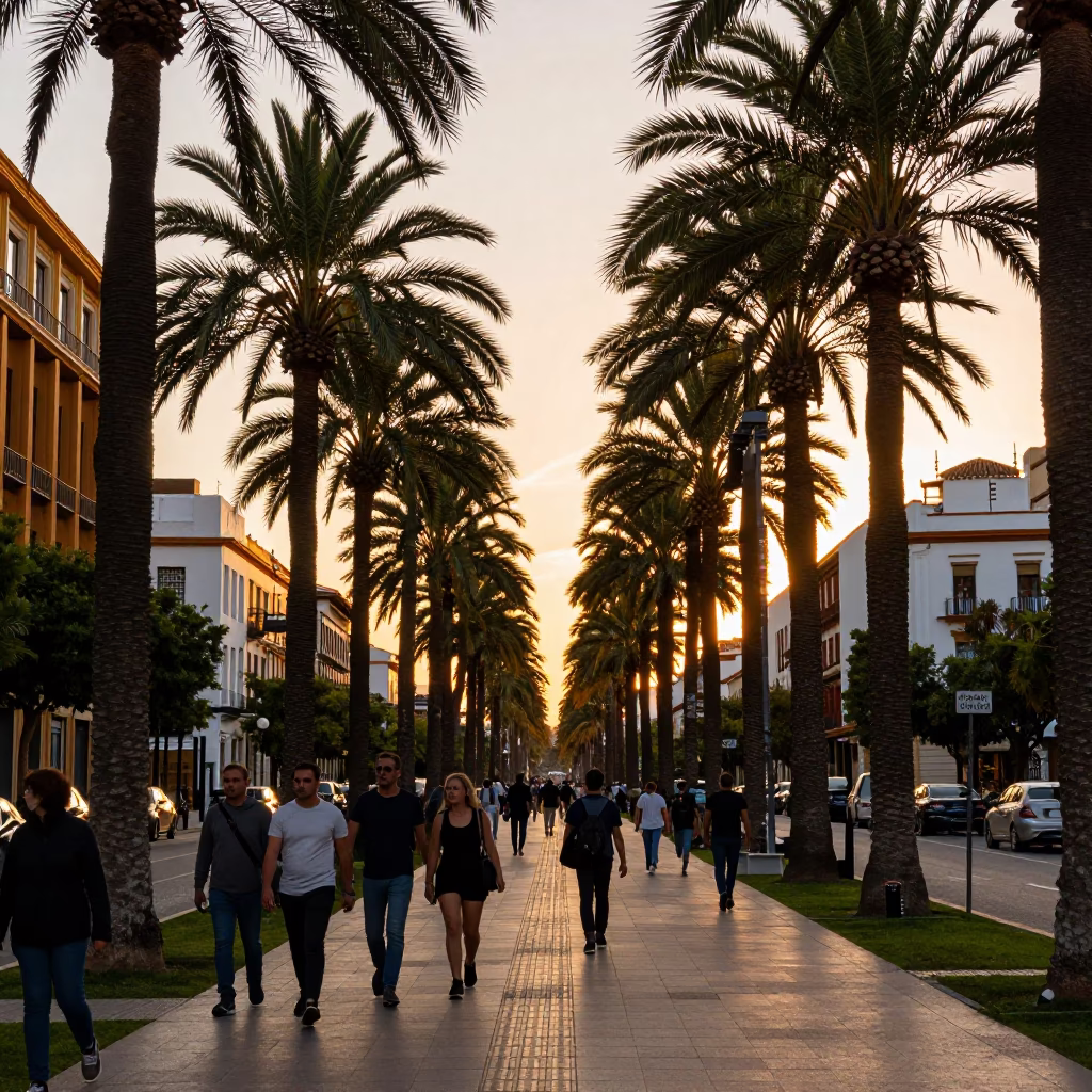 Tree Avenue in Granada at Sunset Light in in Granada, Spain