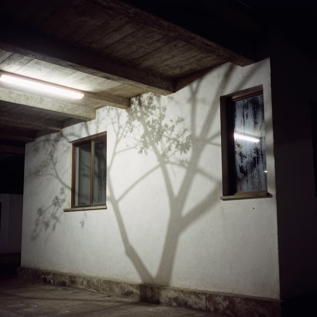 Tree Branch Shadows on Plaster Wall Night in inside a ribbed concrete lobby in Barranquilla