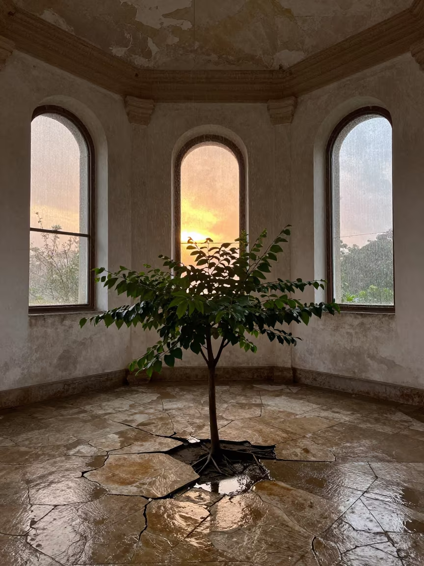 Tree Growing Through Chapel Floor in Coro in inside a quiet cloister passage in Coro