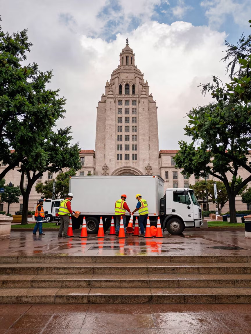Tree Crew Unloading Cones Santa Fe City Hall in on the steps of city hall in Santa Fe
