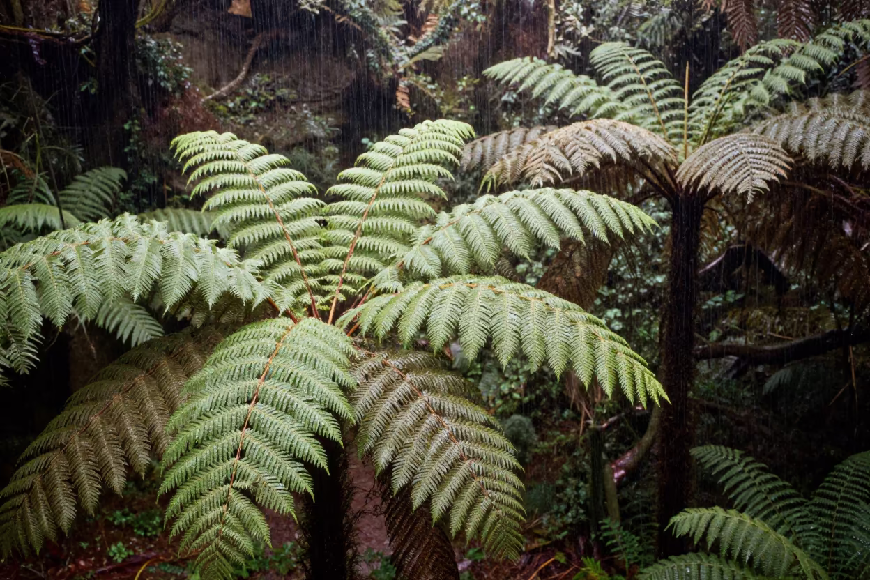 Tree Fern Canopy in Late Spring Rain in near Kharkiv