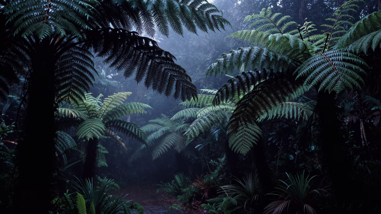 Tree Fern Canopy in New Zealand Ravine After Rain in across a floodplain after rain near Adama