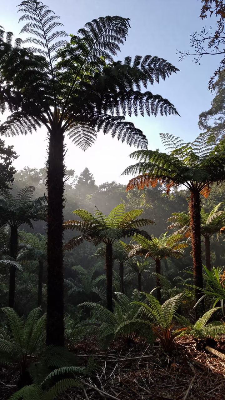 Tree Ferns Silhouetted Against Winter Fog in Jerusalem in on a fern-lined forest floor near Mahane Yehuda, Jerusalem