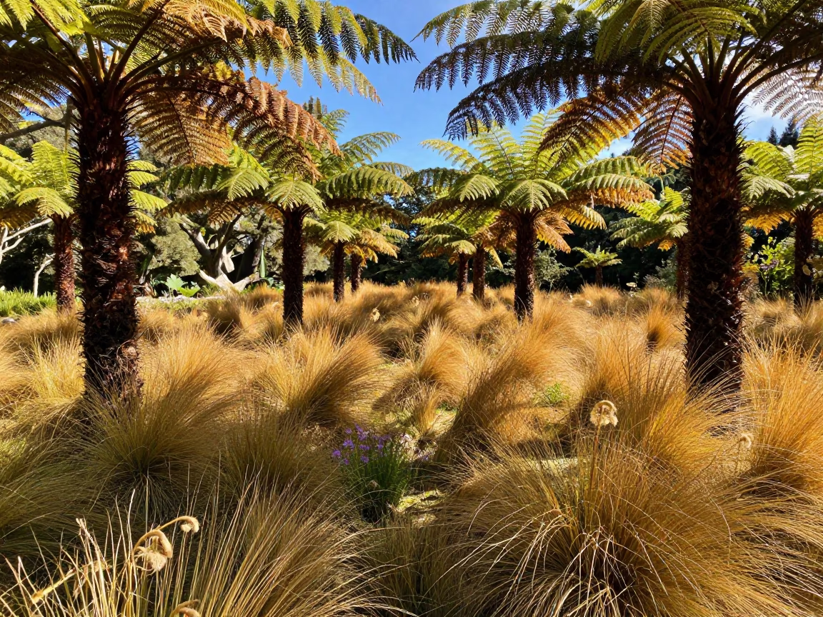 Tree Ferns Unfurling in New Zealand Autumn Meadow in in a bloom-heavy meadow in New Zealand