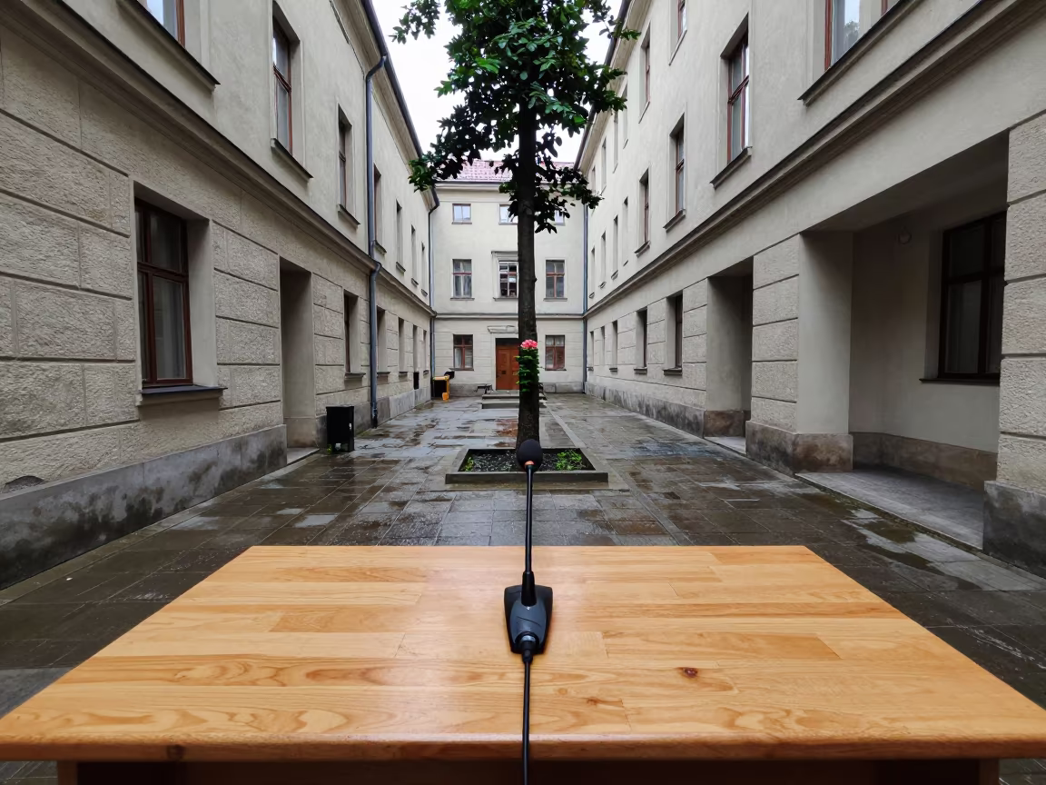 Tree Flower Microphone Courthouse Hall in in a courthouse corridor near Chorzów