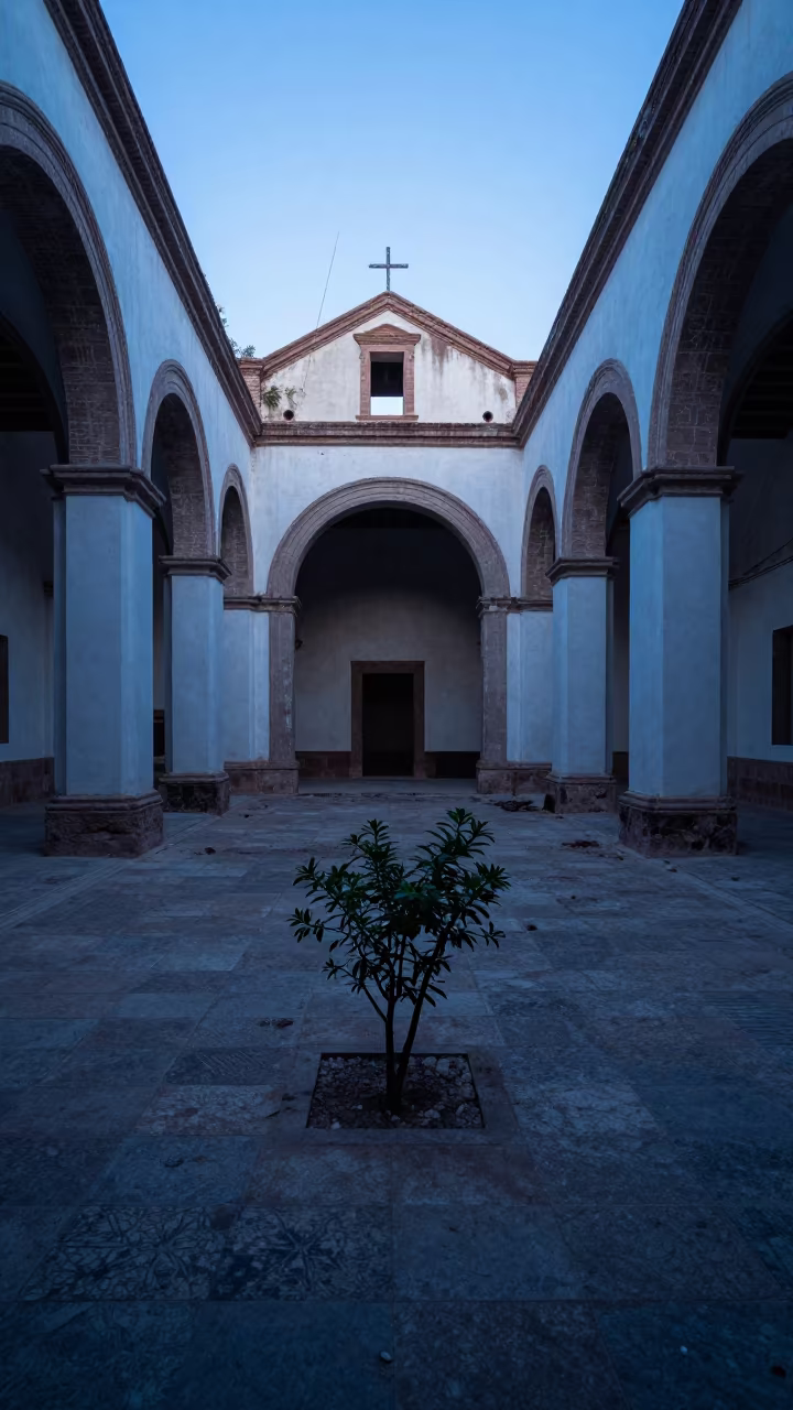 Tree Growing Through Chapel Floor Hermosillo in inside a quiet cloister passage in Hermosillo