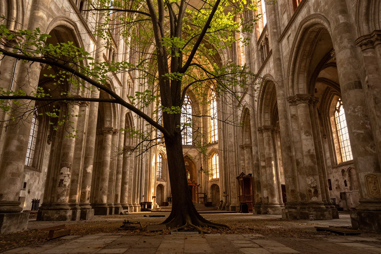Tree Growing Through Stone Floor in Gorzow Abbey in inside a candlelit abbey nave in Gorzów Wielkopolski