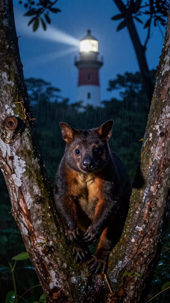 Tree Kangaroo in Botswana Predawn Lighthouse Light in beside a tidal inlet in Botswana