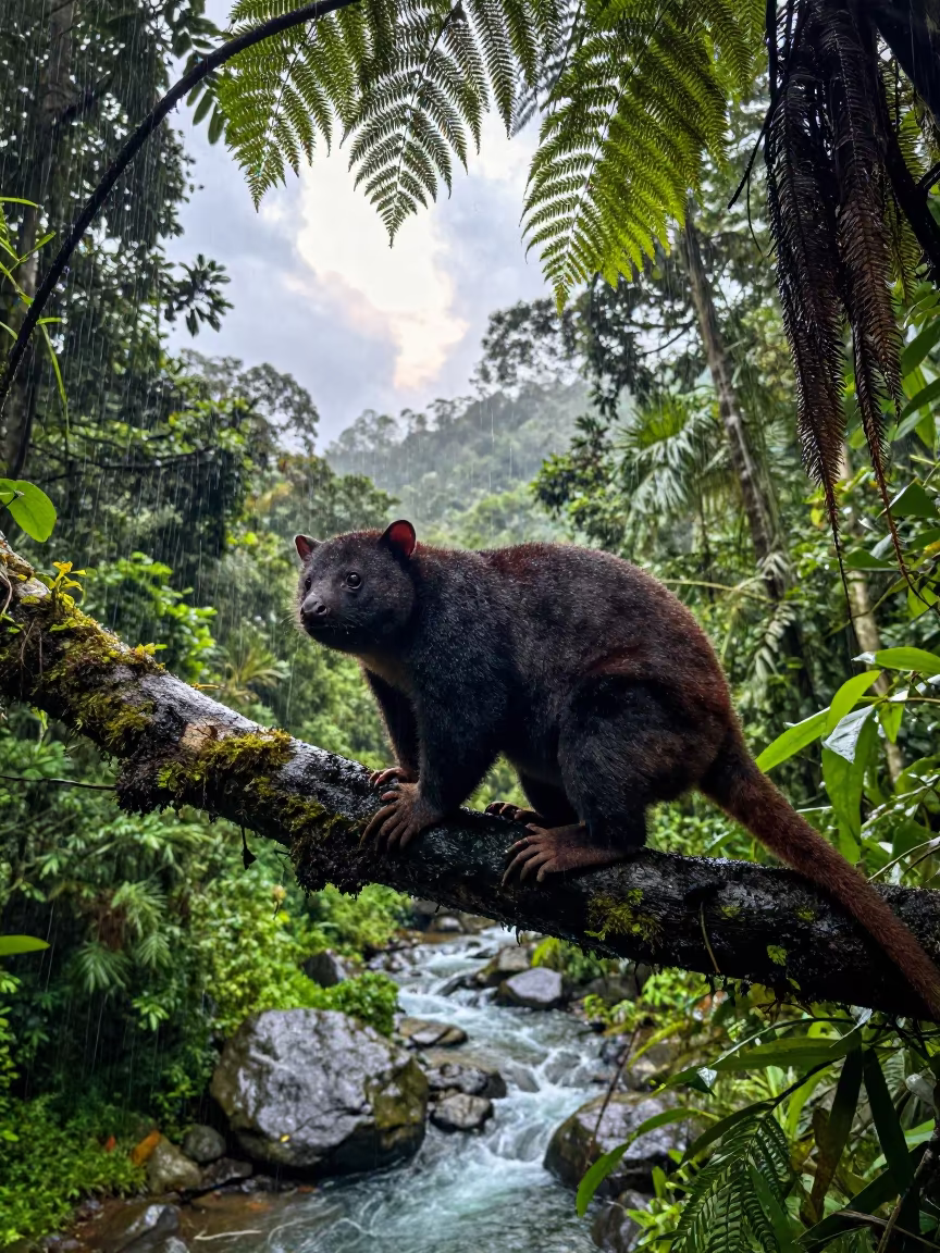 Tree Kangaroo in New Guinea Monsoon Sun Shower in above a glacial stream near Kayseri