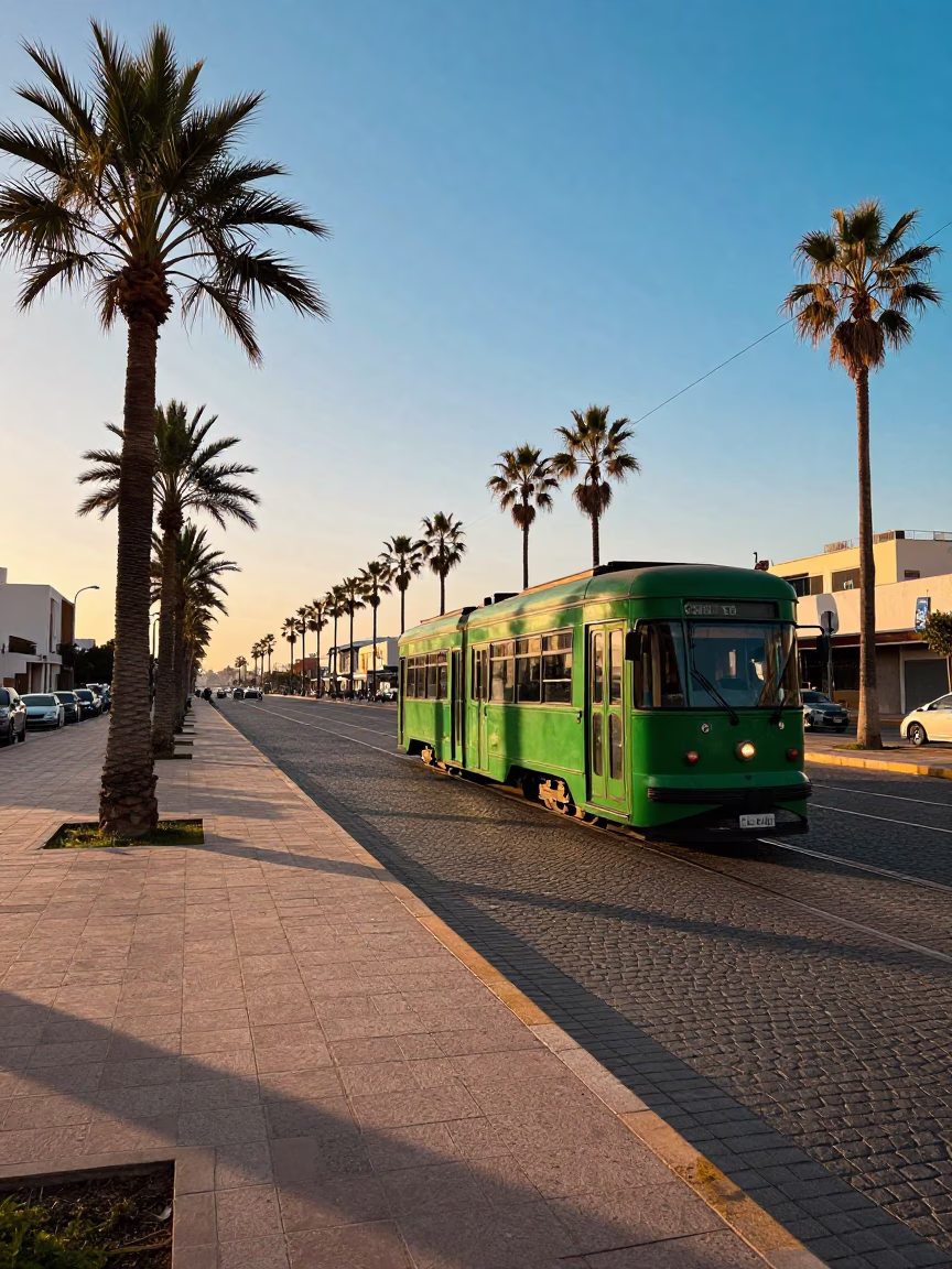 Tree-Lined Boulevard in Casablanca at Sunset Light in in Casablanca, Morocco