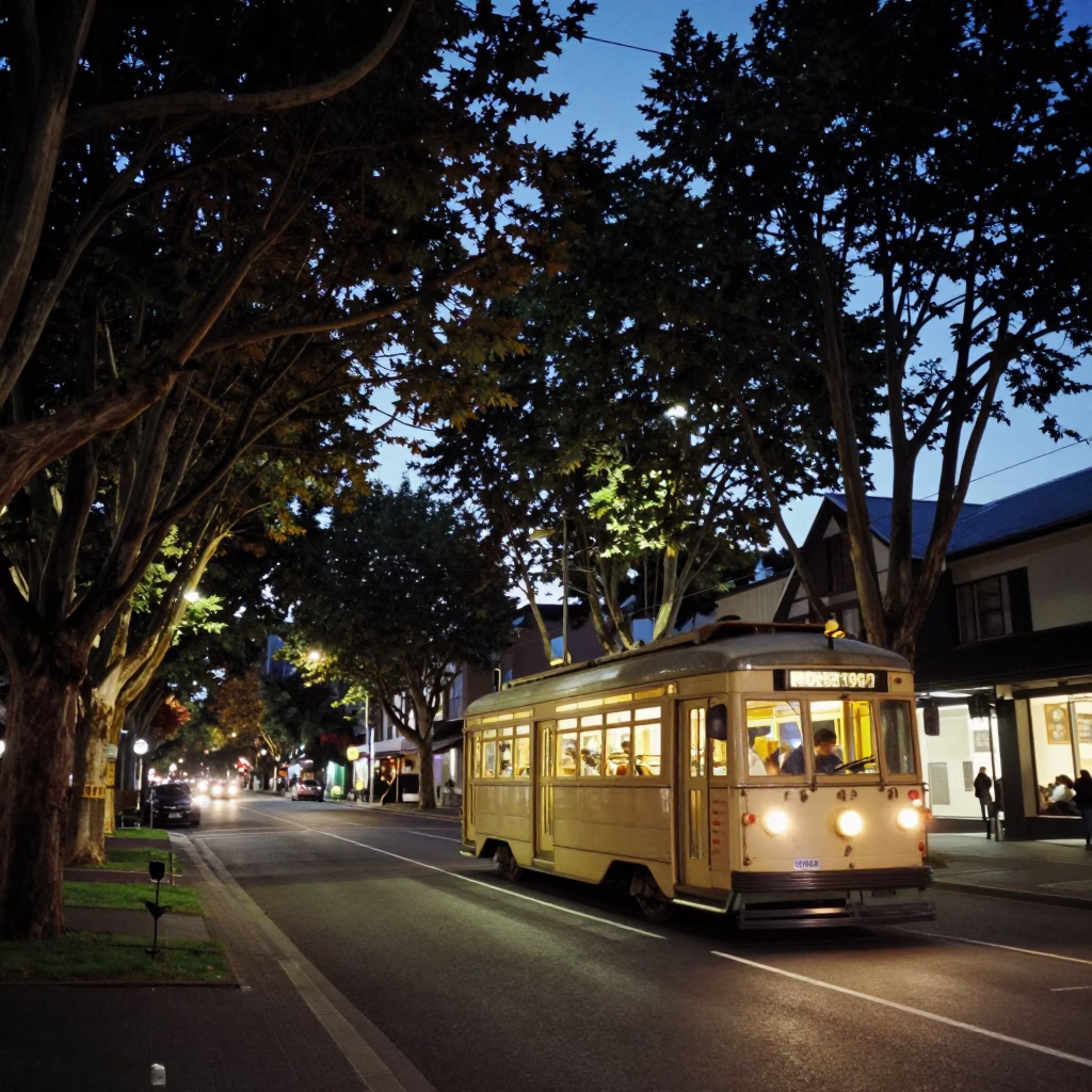 Tree-lined Boulevard in Christchurch at Twilight in in Christchurch, New Zealand