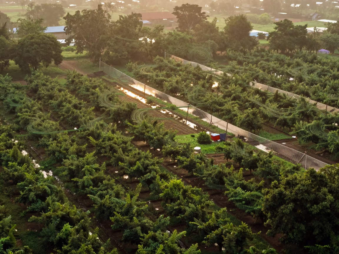Tree Rings Over Khartoum Orchard Canopy in far above orchard blocks and irrigation lines near Khartoum