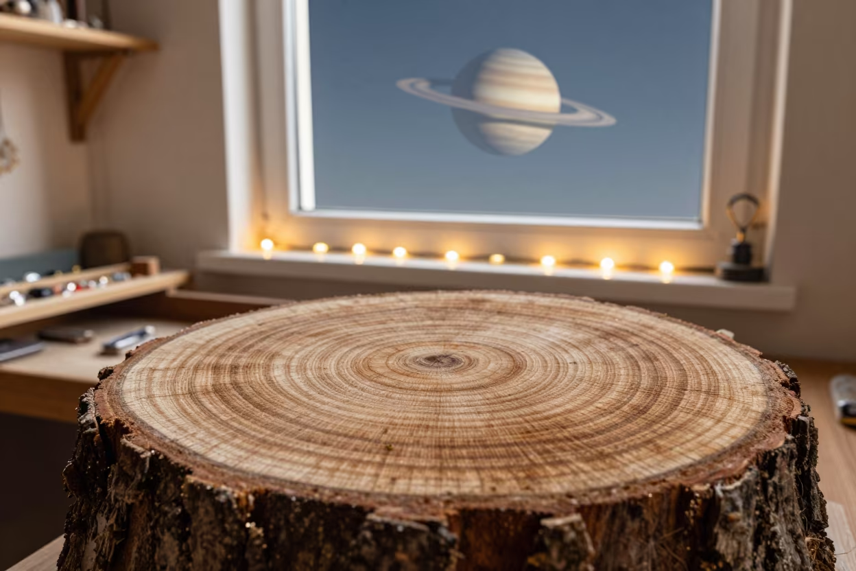 Tree Rings and Planetary Horizon on Goldsmith Bench in at a goldsmith bench in a bazaar jewelry lane near Tripoli