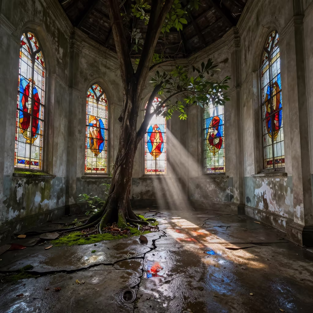 Tree Through Chapel Floor in Guacara in along a monastery corridor in Guacara