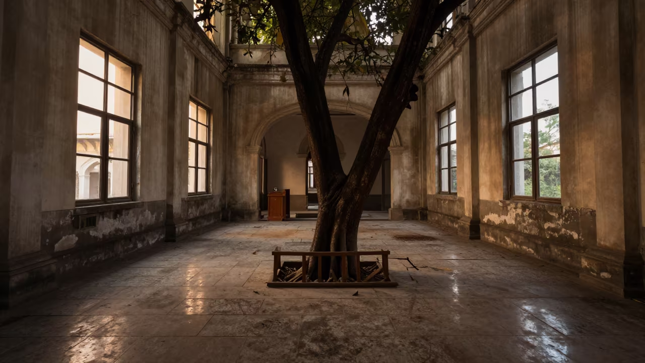 Tree Through Chapel Floor in Haikou in inside a quiet cloister passage in Haikou
