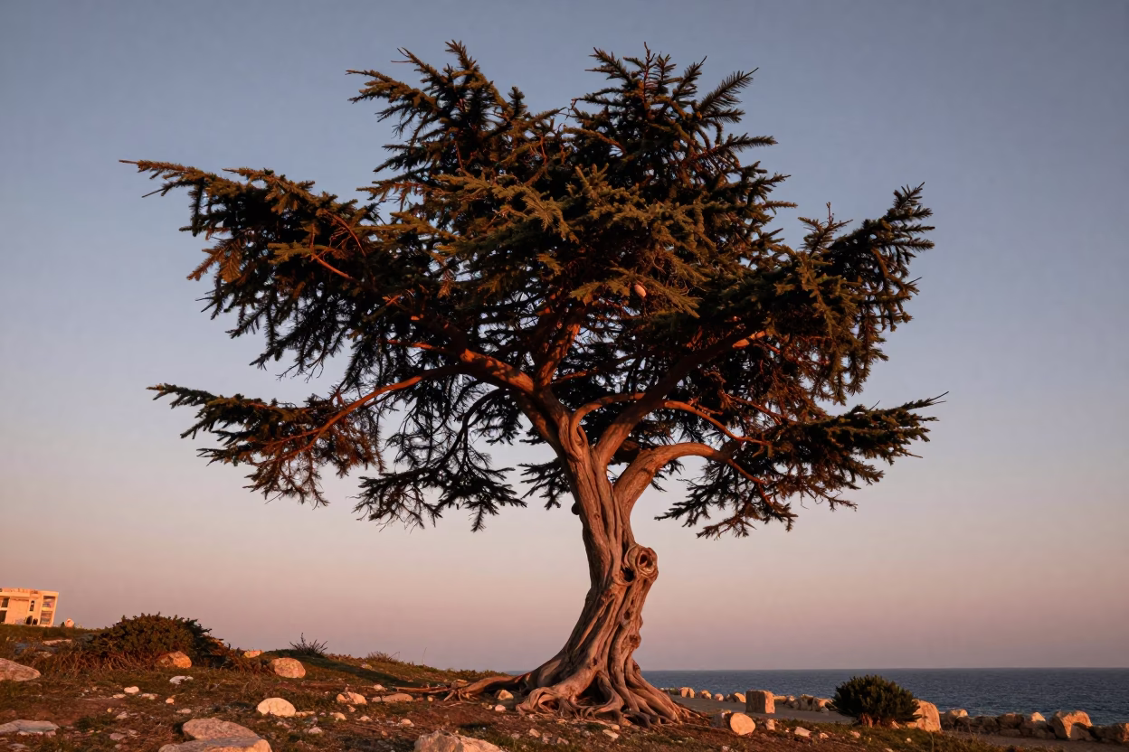 Tree Twisted in Beirut at Copper-toned Light Before Dusk in in Beirut, Lebanon