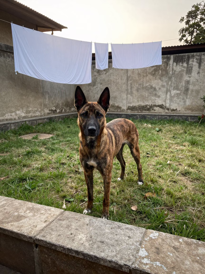 Treeing Tennessee Brindle Dog in Gwalior Yard in in a small yard with clipped grass, calm light, and the animal centered in frame in Gwalior