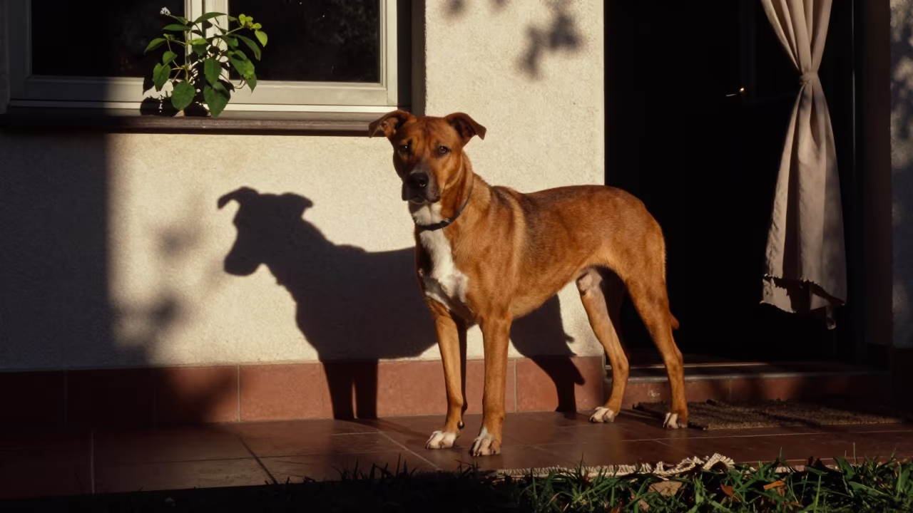 Treeing Tennessee Brindle Dog in Heidelberg Garden in near a garden edge with soft morning light and an uncluttered background in Heidelberg