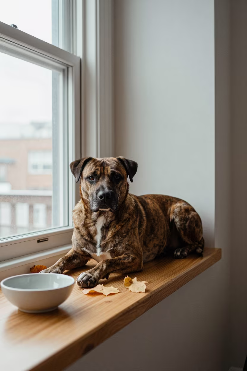 Treeing Tennessee Brindle Dog on Calgary Window Seat in on a window seat in a quiet apartment with soft side light in Calgary