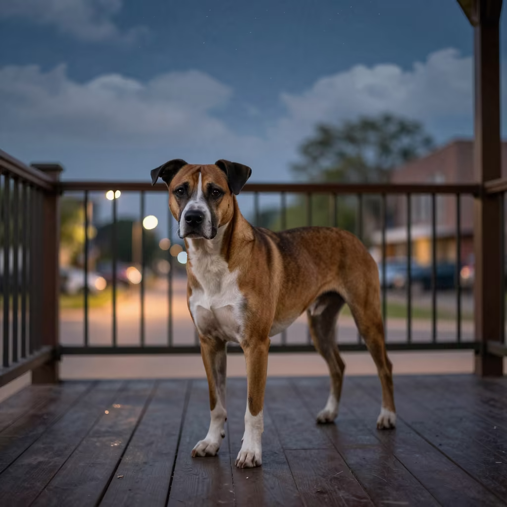 Treeing Tennessee Brindle Dog on Delhi Porch in on a shaded front porch with boards, railings, and eye-level framing in Delhi