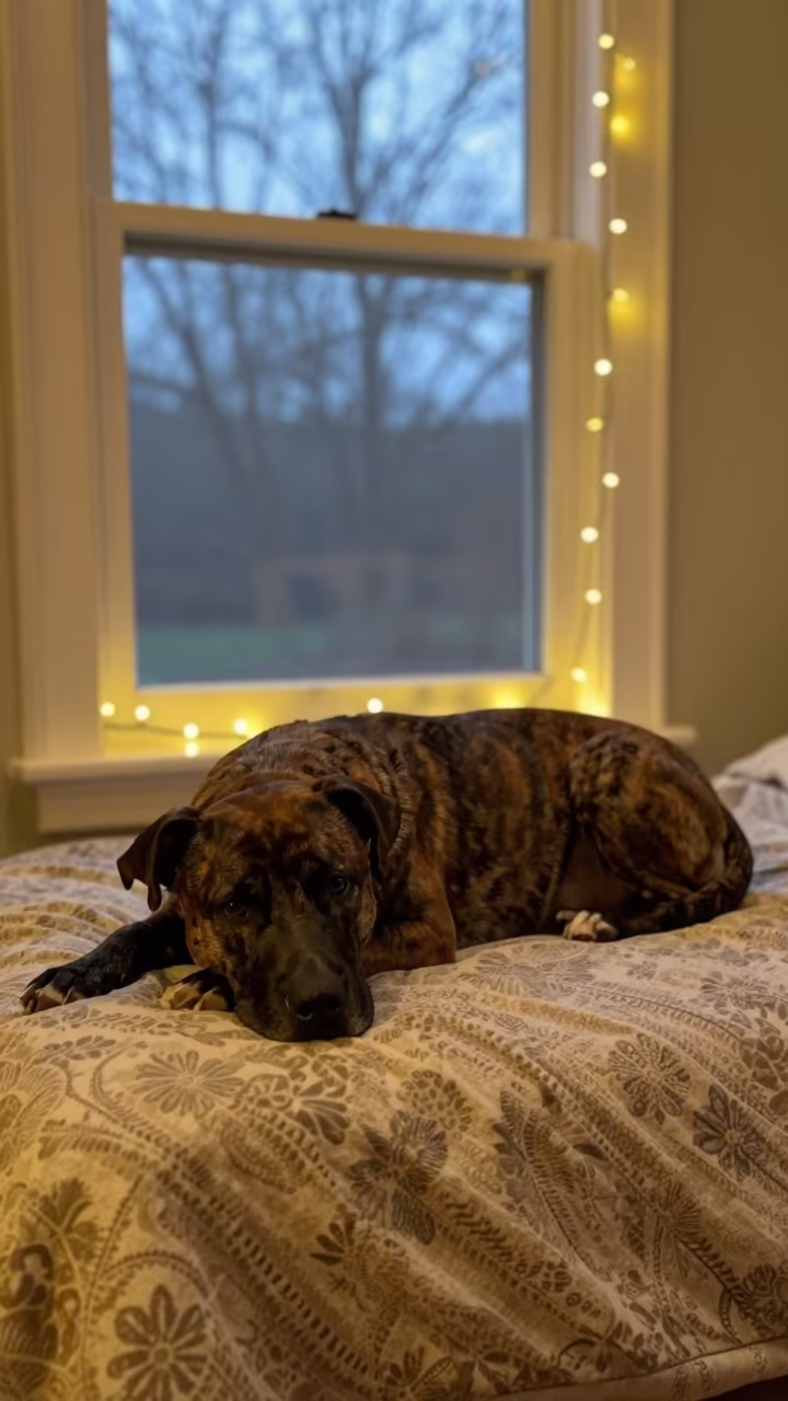 Treeing Tennessee Brindle Dog Resting at Home in on a bedspread near a bright window with calm indoor light in Daraa