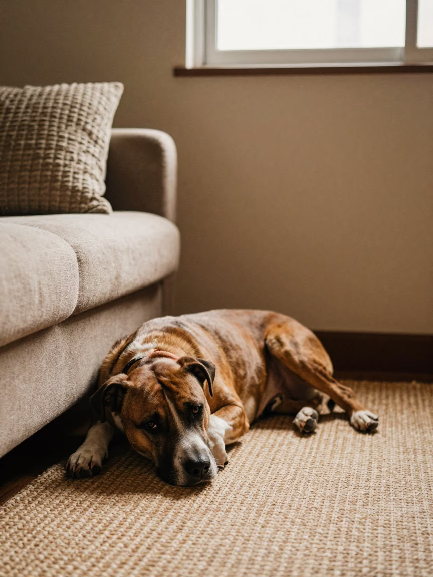 Treeing Tennessee Brindle Dog Resting on Rug in on a woven rug beside a low couch and an uncluttered wall in Lubumbashi