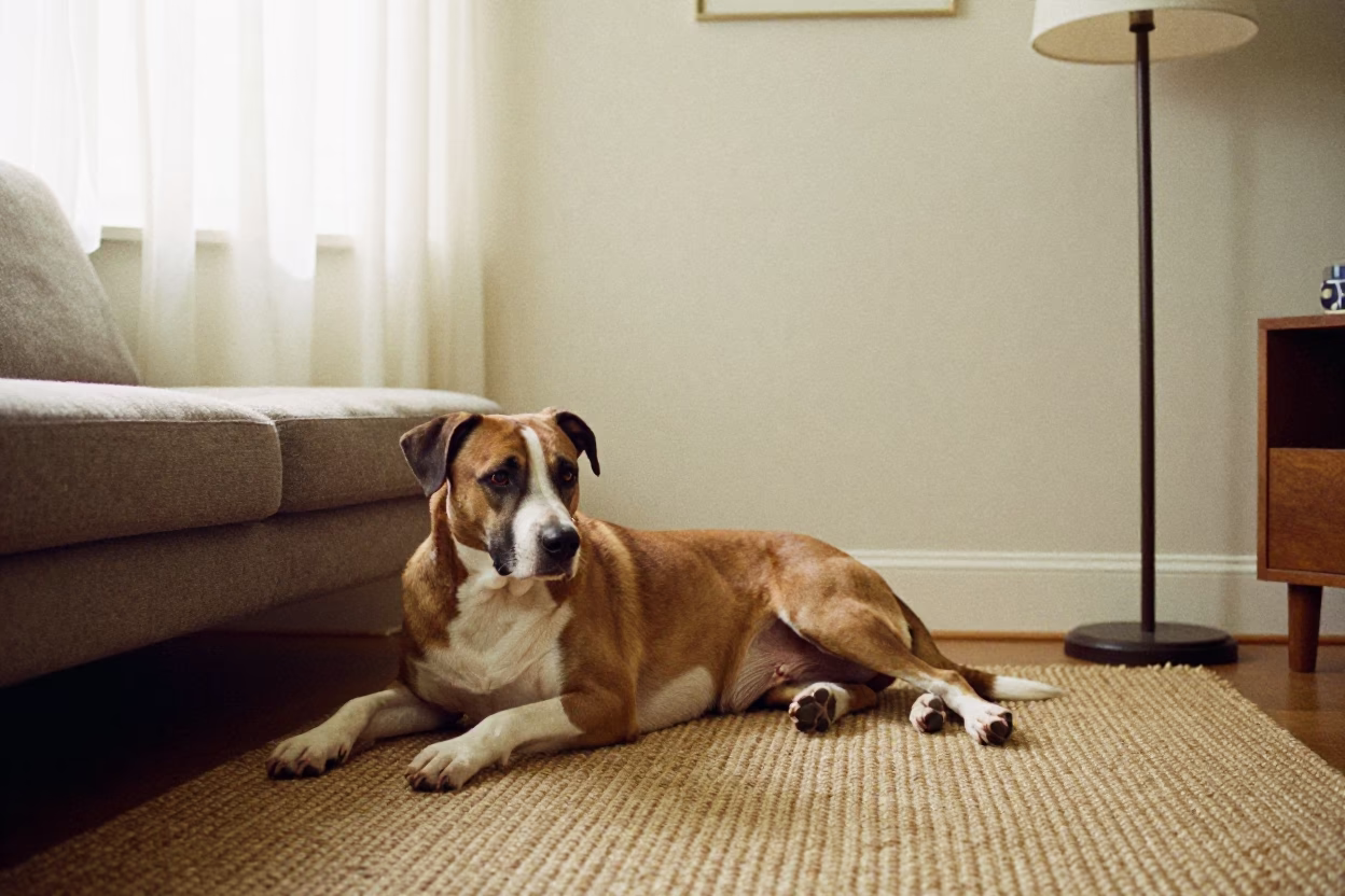 Treeing Tennessee Brindle Dog Resting on Woven Rug in on a woven rug beside a low couch and an uncluttered wall near Darwin
